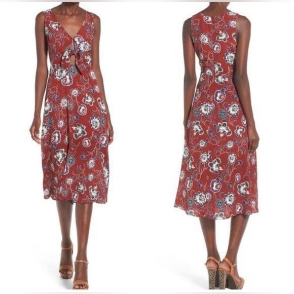 ASTR The Label Tie Front Floral Midi Dress Wine Red Burgundy Paisley Size Medium - Picture 1 of 7